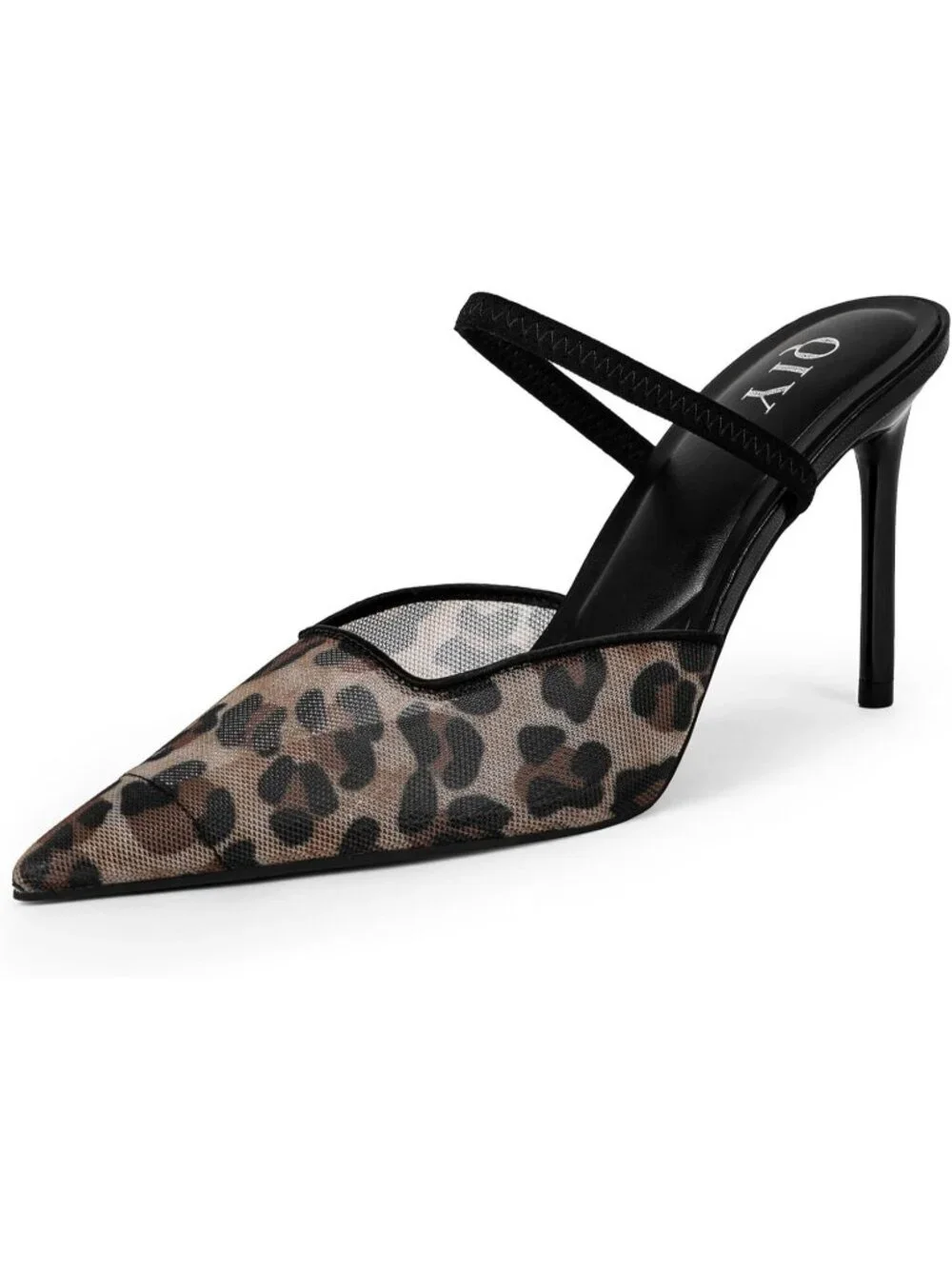 Women's Leopard Mesh Closed Pointed Toe Sexy Slip on Backless High Heel Sandals